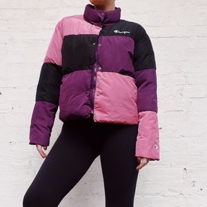Champion Colorblock Pink Black Purple Retro Style Puffer Jacket Size M
